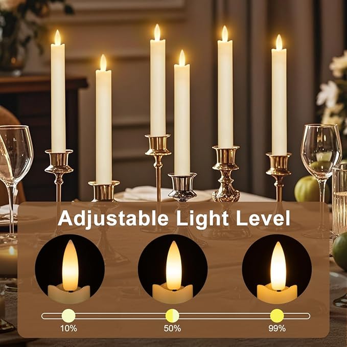 Battery Operated Flameless Ivory Taper Candles Flickering–Set of 6, Realistic 3D Wick Flickering LED Taper Candle Set,USB-Rechargeable, Remote & Timer, Ideal for Living Room, Bedroom & Easter Décor