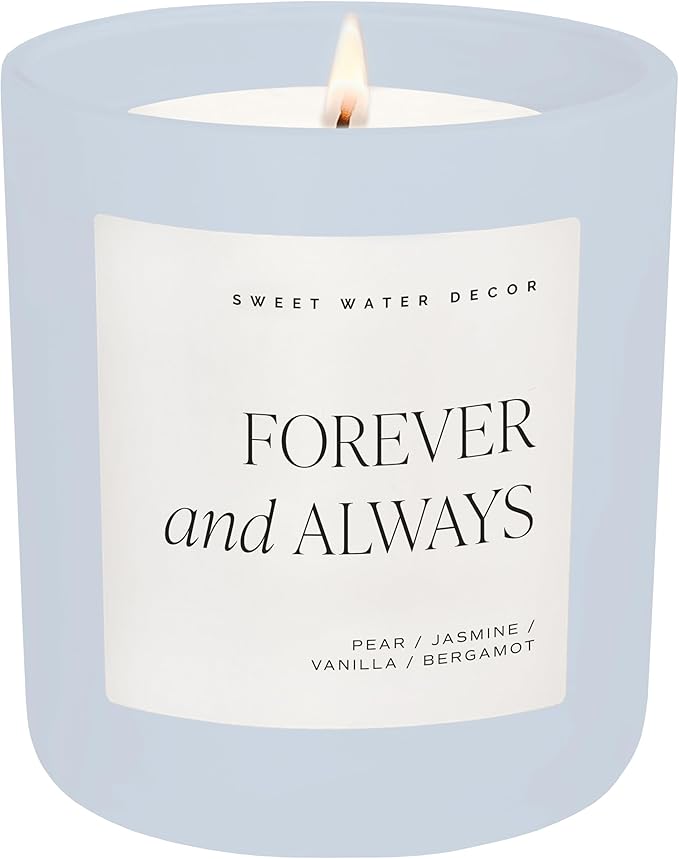 Sweet Water Decor Forever & Always Candle, 15oz Blue Matte Jar, Cashmere, Sandalwood, Jasmine, and Vanilla Scented, Non-Toxic Soy Wax, Wedding and Engagement Gift for Bride, Bridal Shower, Newlyweds