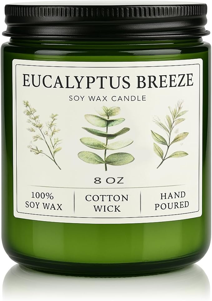 Eucalyptus & Mint Candles for Home Scented, 40 Hours Burn Soy Candle Gift for Women Stress Relief, Meditation, Yoga, Relaxing, Natural Soy Wax for Men and Women, 8oz