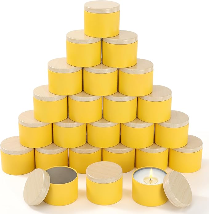 Honeydak 36 Pcs 4oz Yellow Candle Jars Bulk Candle Tins Small Empty Containers with Metal Wood Grain Printing Lids for Making DIY Jars Storage Wedding Gifts