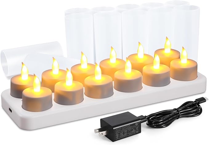 WoneNice Rechargeable Tea Lights Flickering Flameless Candles with Charging Base and AC Adapter, Romantic for Lantern Party Restaurants Weddings Christmas and Holiday Decoration