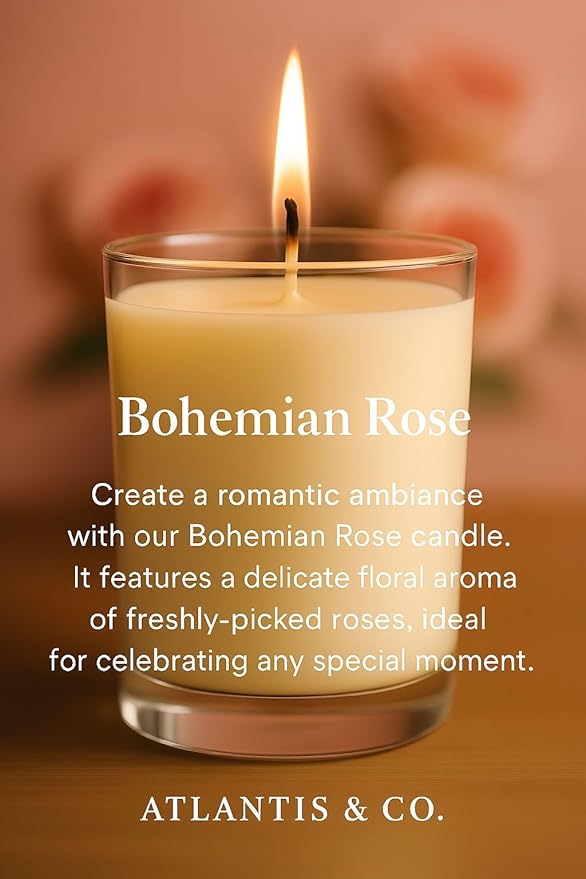 Bohemian Rose Scented Candle, 8oz Soy Jar with Long-Lasting Burn, Giftable, Holidays,Birthdays