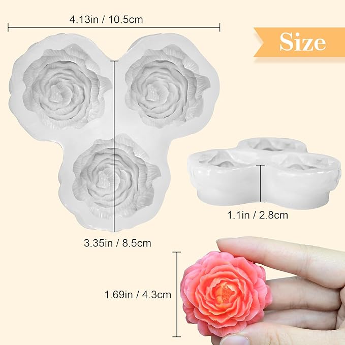 Peony Candle Mold for Candle Making, 3 Cavity Flower Silicone Molds for Epoxy Resin Wax Soap Clay Plaster Tealight Candles Crafts Casting Home Décor Handmade Gifts