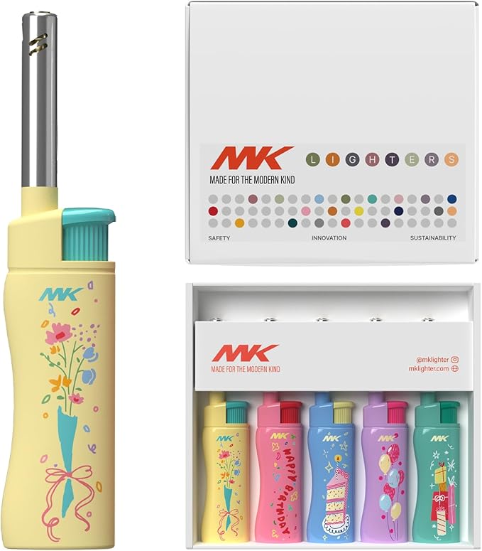 MK Lighter Collector’s Edition Refillable Candle – Multipurpose Jet Flame Butane with Long Wand for Indoor & Outdoor Use Gift Couples Friends Family (Birthday-5PC)