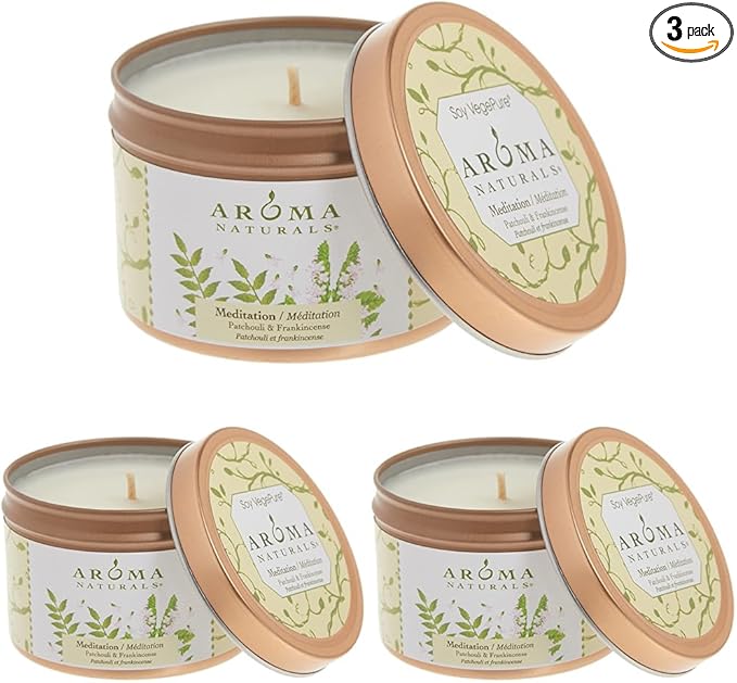 Aroma Naturals Tin Candle with Patchouli and Frankincense Essential Oil Natural Soy Scented, Meditation, 2 Count (Pack of 3)