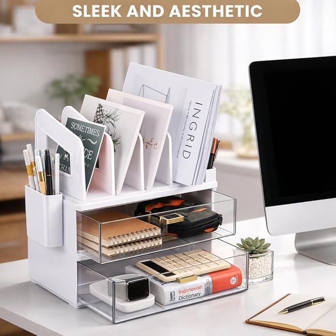 LALOBLUE White Acrylic Desk Organizer with Drawer & File Holder, Stackable Modular Storage System, Multi-Layer Desktop Organizer, Space Saving Desk Organizer for Home Office & Study