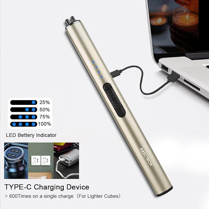 ARECTECH Electric Candle Rechargeable Lighter Arc Plasma Lighters for Candle Kitchen Camping Christmas Type-C Gold