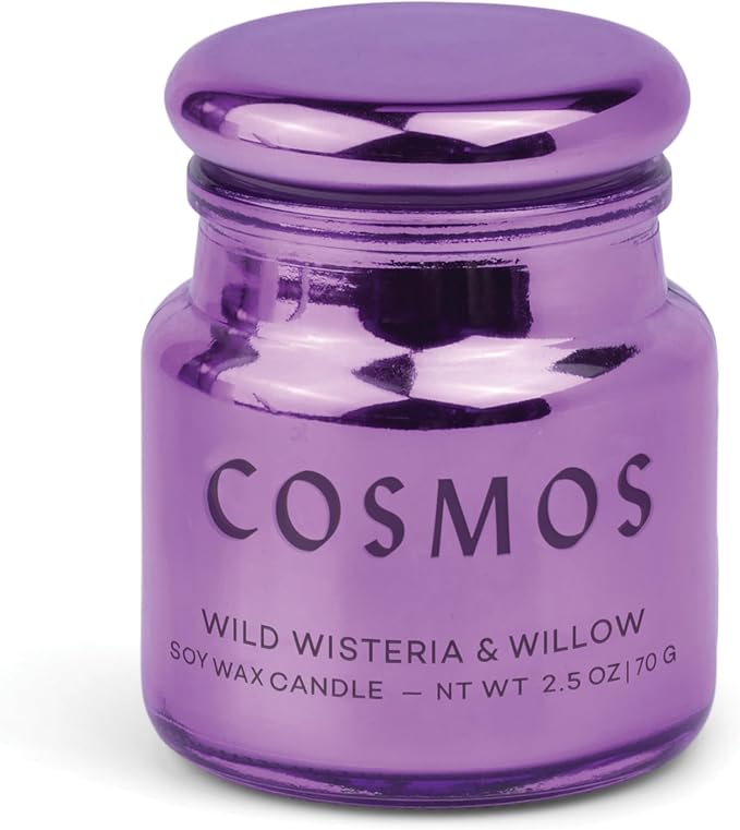 Paddywax Chroma Scented Candle with Lid in Reusable Metallic Etched Glass Jar, Clean- Burn Soy Candle with Approx. 14 Hour Burn Time, Violet – Cosmos, Wild Wisteria & Willow, 2.5 oz