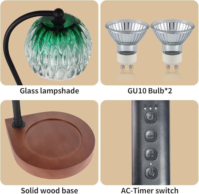Electric Candle Warmer Lamp with Timer＆Dimmable for Jar Scented Candles, Wax Melting Tabletop Light Suitable as a Home Decor Thanksgiving Christmas Day Gift for Women Mom, with 2 Bulbs(Glass Green)