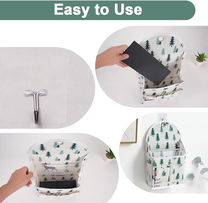 2 Pack Wall Hanging Storage Bag with Pocket, Fabric Organizer Basket with Sticky Hook, Over The Door Caddy Organizer Box for Closet Dormitory Bedroom Bathroom Kitchen (Forest + Pineapple)