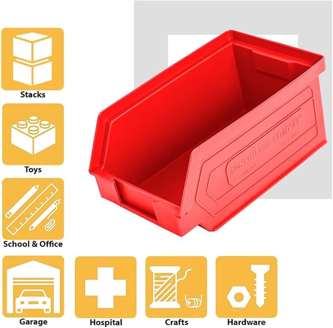 24 Pack Small Storage Bin, Wall Mount Storage, Hanging and Stacking Bin, Freestanding | 7” x 4” x 3” Plastic Container | Red | Zeus 1PLZ03 | StorageCompat