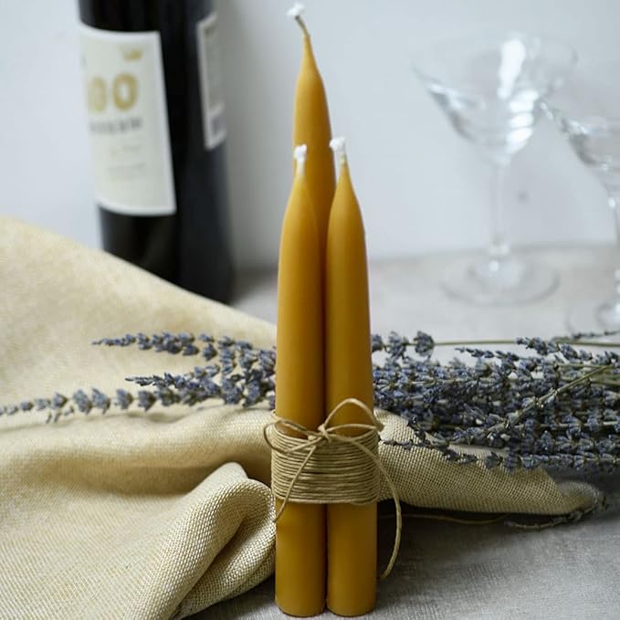 8 inch Natural Beeswax Taper Candles Set of 12, DEYBBY Smokeless and Dripless Beeswax Candles, 8Hrs Burn Time, Nontoxic