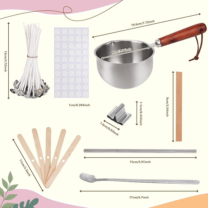 Candle Wicks for Candles Making,Including Melting Pot,2 Types Candle Wick,Wick Stickers,Wick Holders,Wick Placing Tube,All-in-One Starter Set for DIY Soy, Beeswax, Paraffin Candles