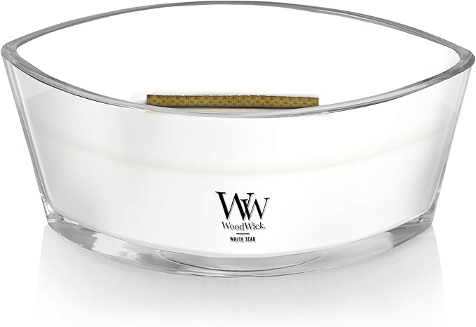 WoodWick White Teak Gifts for Women and Men, 16 oz Ellipse Candle with Crackling Wick