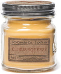 ECO CANDLE CO. Mason Jar Candle, Citrus Squeeze, 8 oz. - Scents of Orange, Tangerine, Grapefruit, Lemon, & Lime - 100% Soy Wax, No Lead, Kraft Label & Antiqued Pewter Lid, Hand Made, Midwest Soybeans