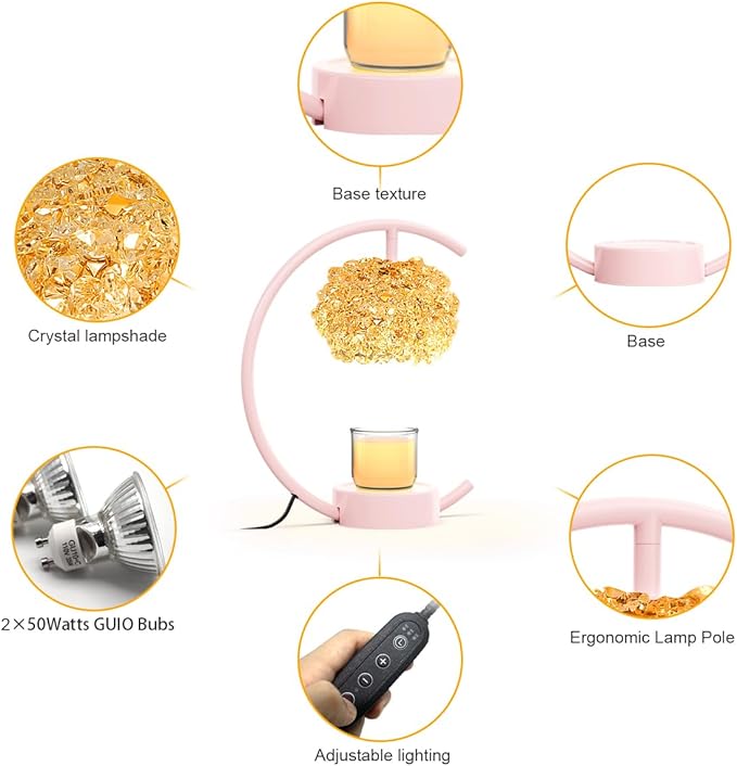 Yeuslor Pink Candle Warmer Lamp for Jar Candles with Adjustable Brightness＆Timer，Handcrafted Crystal＆Wooden Base,Candle Lamp Luxurious Design+2Bulbs,Home Decoration Electric Candle lamp(C-Shaped)