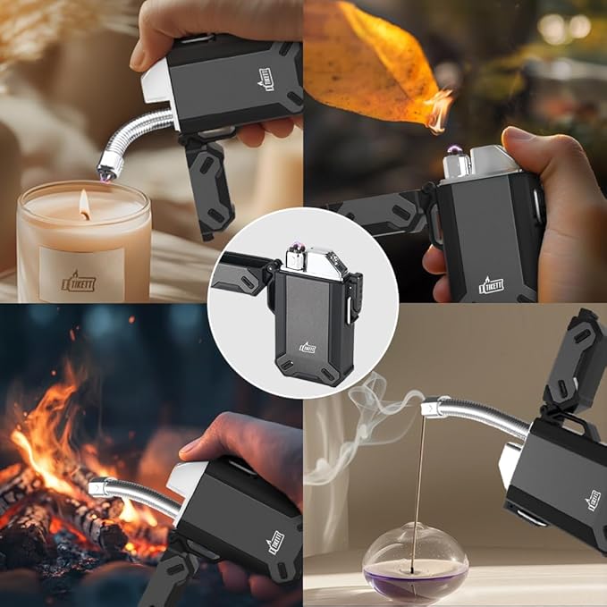 Dual Arc Camp Survival Waterproof Windproof Lighter with Retractable Flexible Long Neck USB Rechargeable Electric Lighter for Candle，Grill,and Outdoor