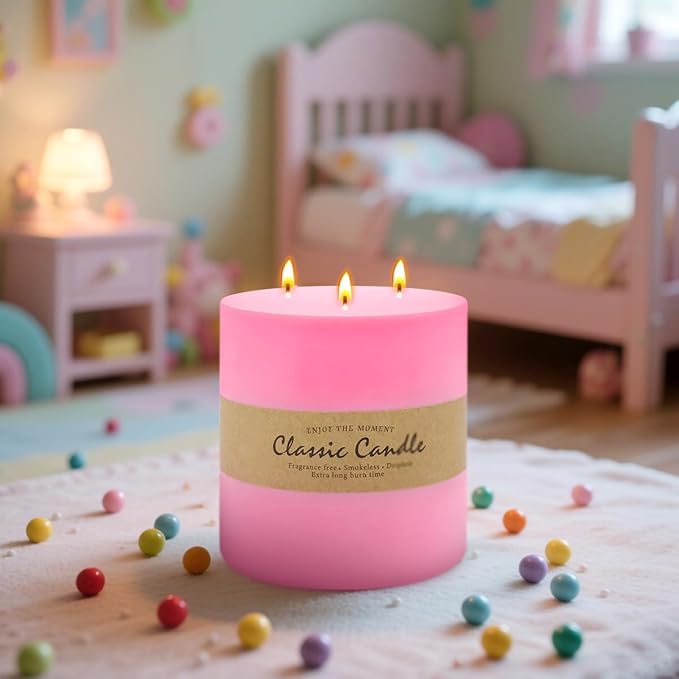 Large 3-Wick Pink Pillar Candle - 6x6 Inch Dripless & Smokeless Unscented Fat Candle, 120 Hour Long Burning Hand-Poured Thick Candle with Cotton Wicks
