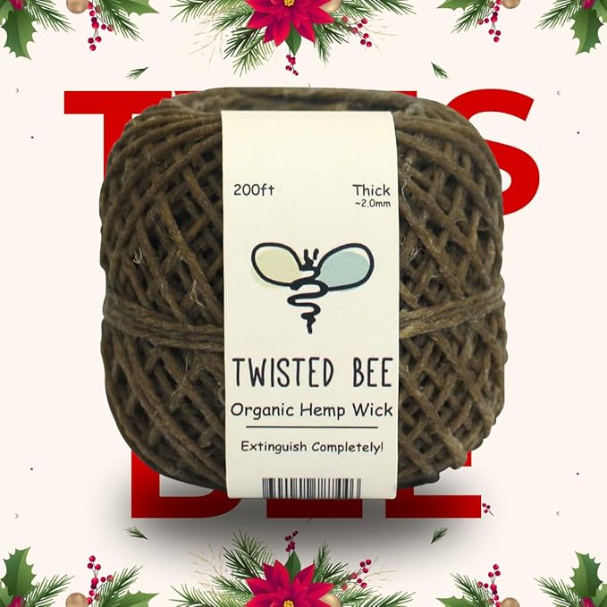 100% Organic Hemp Wick with Natural Beeswax Coating, Twisted Bee (200ft x Thick Diameter)