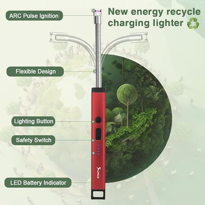 SUPRUS Rechargeable Candle Lighter Electric Arc Triple Safety Long Lighter Stainless Steel Shell & Hanging Hook (Red)