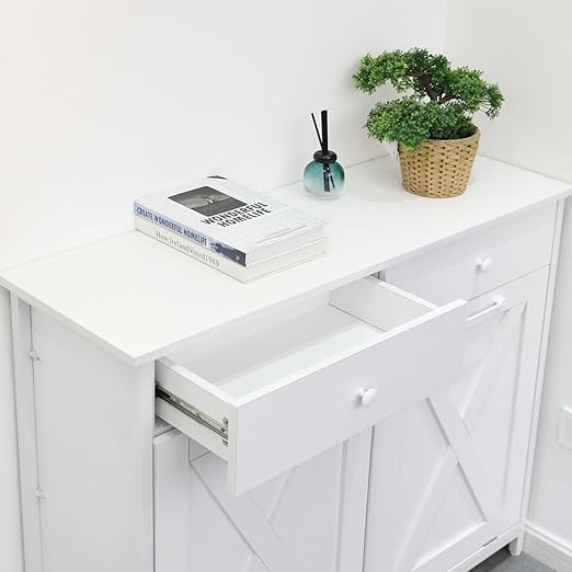 Clevich Double Tilt Out Trash Bin Holder, Wooden Recycling Cabinet w/Drawers & Tabletop, Dog-Proof, NOT Included(White)