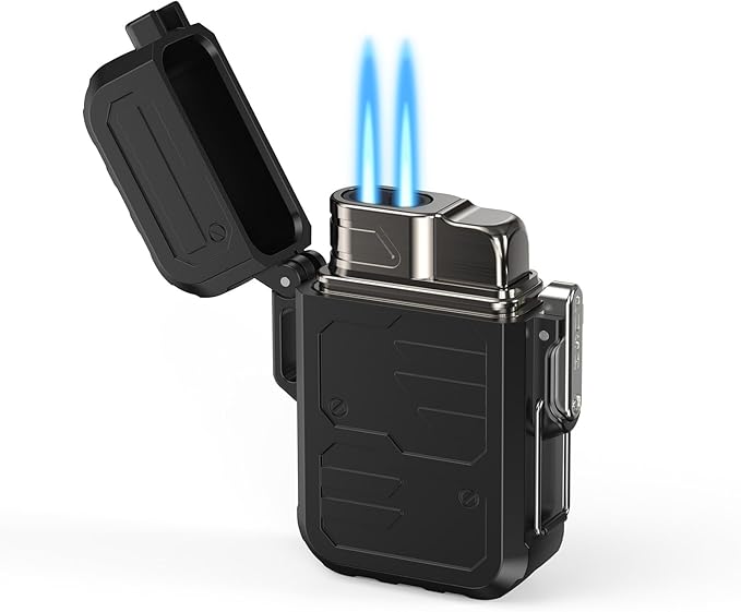 TOPAKY Torch Lighter, Waterproof Windproof Dual Flame Butane Lighter, Refillable Mini Gas Torch Lighter for Candle Fireworks Camping Hiking Tactical Gear (Not Prefilled)
