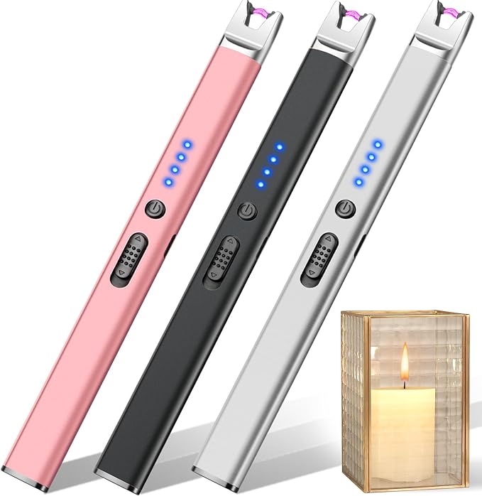 LcFun 3 Pack Candle Lighter Electric USB Rechargeable Plasma Arc Lighters with Safety Lock, Windproof Flameless Long Matches for Candle, Grill, BBQ, Camping, Gas Stoves (Pink,Black,Silver)