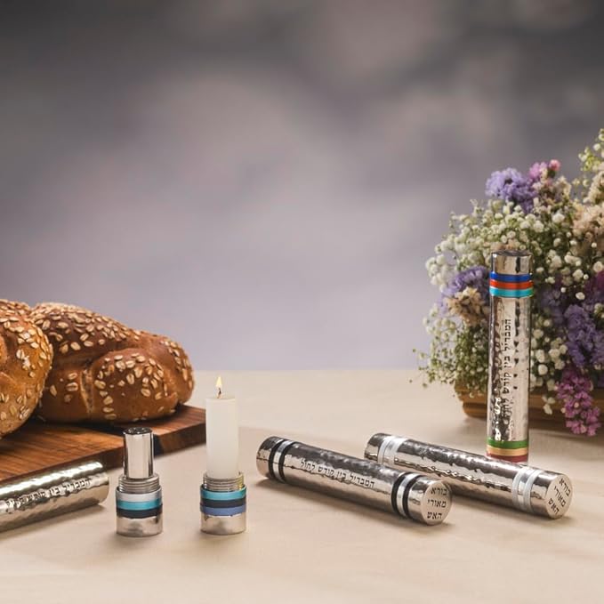 Yair Emanuel | Travel Havdallah Set | Havdala Set | Judaica | Hammered Nickel | Silver Color Rings Design | HAD-3