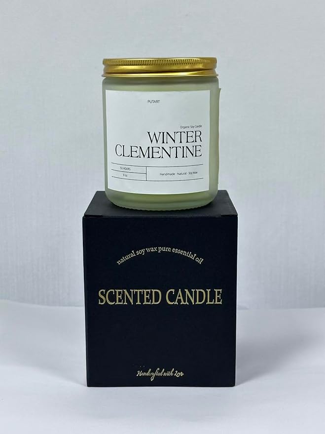 Winter Clementine Scented Candles for Home, 9oz Natural Soy Wax Aromatherapy Organic Citrus Candle for Stress Relief, Long Burning & Lasting Jar Candle Gifts for Christmas, Winter, Holiday