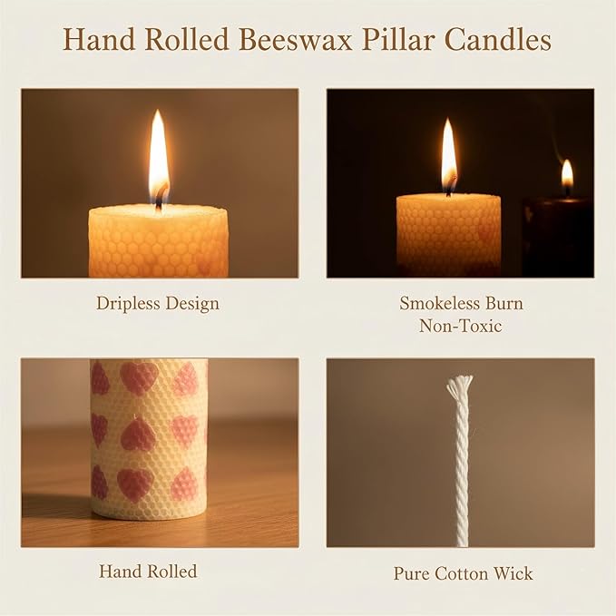 Hand Rolled Beeswax Pillar Candles 2 Packs, Non Toxic Beeswax Candles-70 Hours Long Burning, Organic Emergency Bees Wax Candles for Home, Paryer, Parties, Unscented Dripless Smokeless Candles, 2x4in