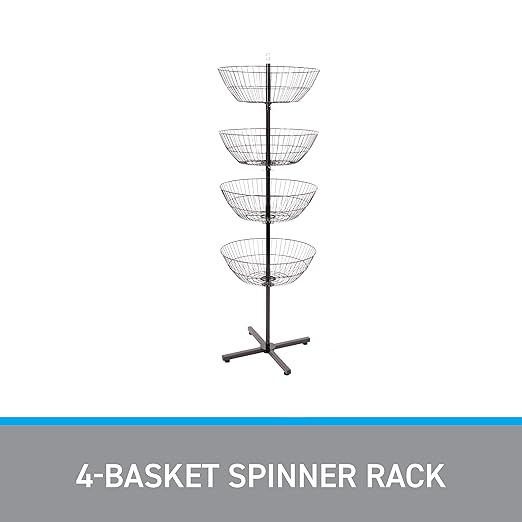 SSWBasics 4-Basket Wire Floor Spinner Rack and Dump Bin (63”H x 22”D) - Each Basket is 8”D x 22” Diameter - Great for Retail, Thrift, and Convenience Stores, Plus Home Organization