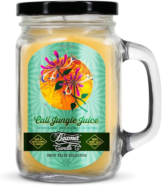 Cali Jungle Juice Candle – Odor Eliminating, Strong Scent – Honeysuckle Floral – Long Lasting 90 Hour Burn – Large 12oz Mason Jar – Made in USA – Beamer Candle Co.