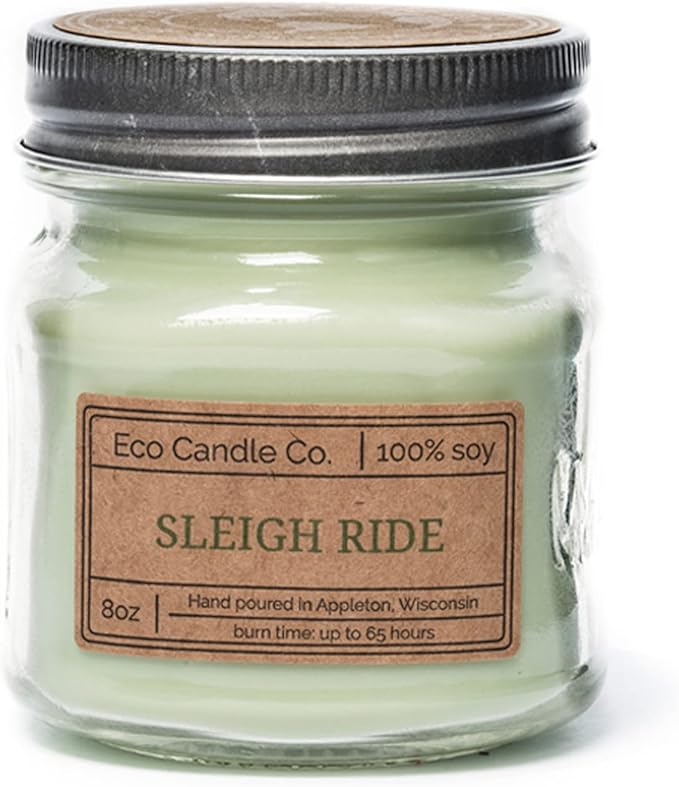 ECO CANDLE CO. Mason Jar Candle, Sleigh Ride, 8 oz. - Scents of Pine & Orange - 100% Soy Wax, No Lead, Kraft Label & Antiqued Pewter Lid, Hand Poured, Phthalate Free, Made from Midwest Grown Soybeans