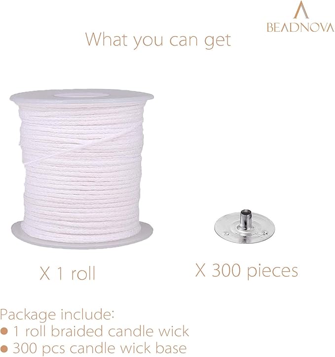 BEADNOVA Braided Candle Wick Spool with Base Set 200 ft Cotton Candle String Roll and 300pcs Wick Clips Sustainer Tabs for Making DIY