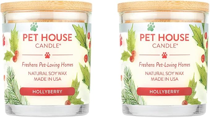 One Fur All Pet House Candle 2 Pack - Plant-Based/Soy- Clean Burning Scented, Long Lasting Pet Odor Candle for Home - Hollyberry