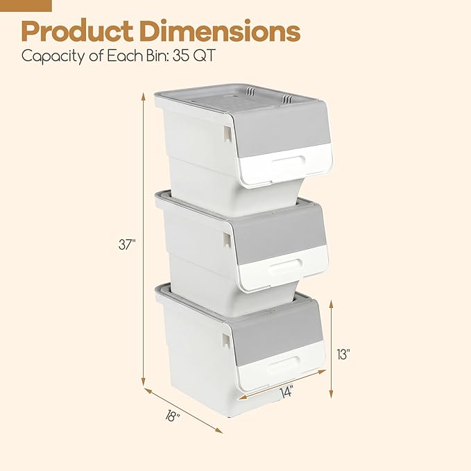 Giantex Plastic Stackable Storage Bins with Lids & Wheels, 3 Pack Open Front Stacking Bins, Organizer Bins for Pantry, Kitchen, Laundry, Closet, Playroom, Bedroom Organization (35 QT)