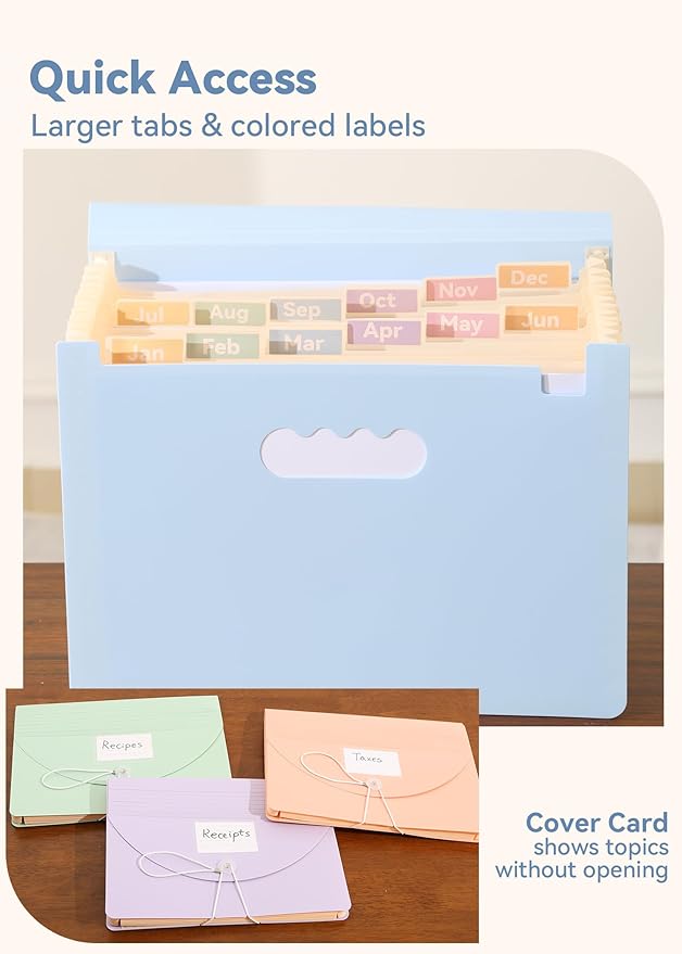 SortRax Accordion File Organizer 12 Pockets, Monthly Bill Receipt Tax Organizer, Expanding File Folders with Larger Bright Tabs, Fits Letter/A4 Size - Blue