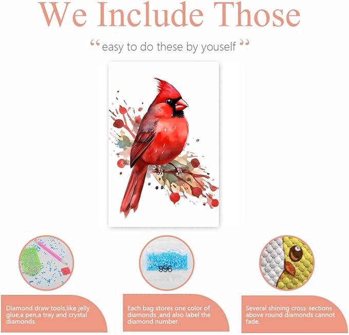 GUAIEUW Proud Red Bird Diamond Painting Kit for Adults, Full Round Diamond Cardinal Bird 5D Diamond Painting DIY Art Crafts for Winter Home Wall Decor Holiday Gift 16x24 Inch