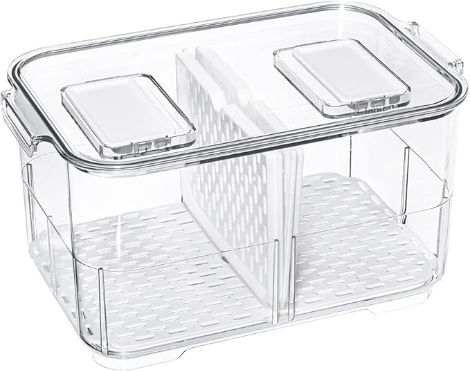 Slideep 11'' Large Food Storage Containers, Fridge Produce Saver 2 Tier Stackable Refrigerator Organizer with Lids and Removable Drain Tray Drawers Bins Baskets for Kitchen