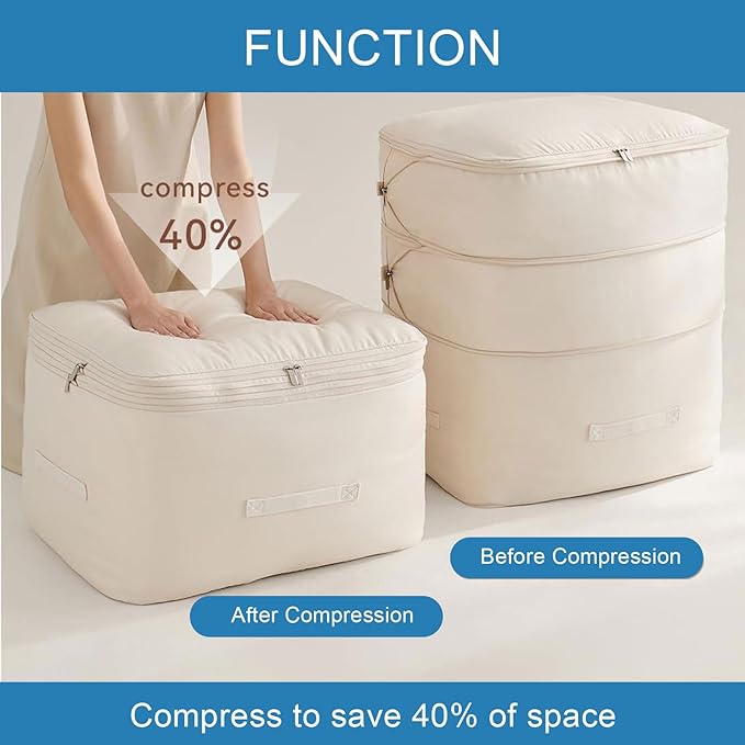 1PC Comforter Storage Bag, 2-Layer Zipper Blanket Storage Bags Ultra Space Saving Self Compression Organizer Bag for Comforters, Blankets, Clothes, Pillows and Bedding Sets (Beige, Large)