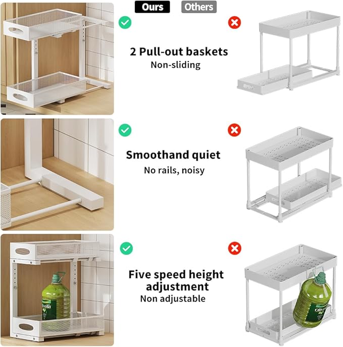 2 Pack Under Sink Organizer and Storage, 2 Tier Pull Out Sliding Cabinet Shelf, 5-Level Height Adjustable Thickened Carbon Steel Storage Rack for Kitchen Bathroom Cabinet,White