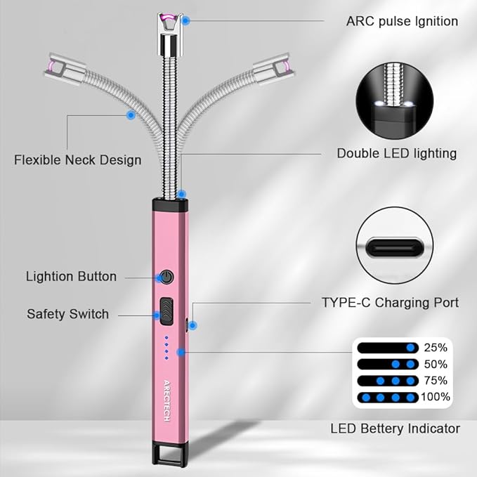ARECTECH Candle Electric Lighter Rechargeable USB Arc Lighters for Candle Camping Fireworks Christmas Birthday Gifts with LED Light for Men Women Pink