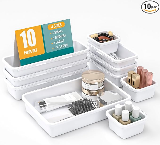 10 PCS Drawer Organizer Set, 4 Size Makeup Drawer Divider Organizer With Non-Slip Pads, Interlocking Plastic Storage Bins for Office,Jewelry Vanity,Gadgets, Bathroom,Kitchen, White