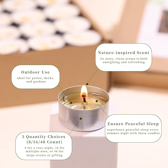 48 Pcs 6H Citronella Tealight Candles Indoor Outdoor, Decorative Scented Tealight Candles with 100% Palm Wax Base & Dried Lemongrass, Smokeless for Patio, Home, Outside Use