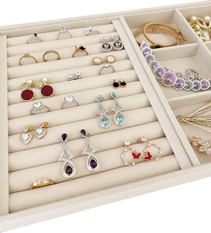 Large Beige Premium Quality Velvet Jewelry Display Box Tray Stackable Practical Trade Show Home Store 6 Grid and Ring