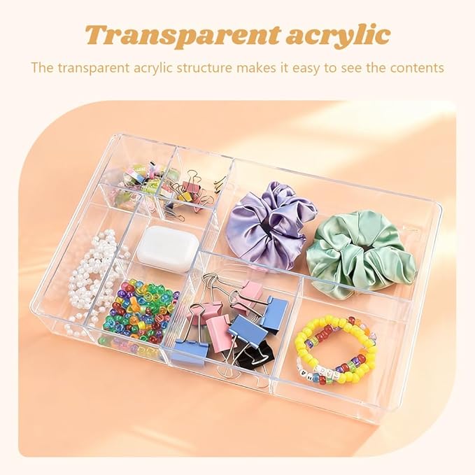 Acrylic Drawer Organizer, 8-Section Clear Acrylic Drawer Divider Tray Makeup Tray Organizer for Office Bedroom Drawers