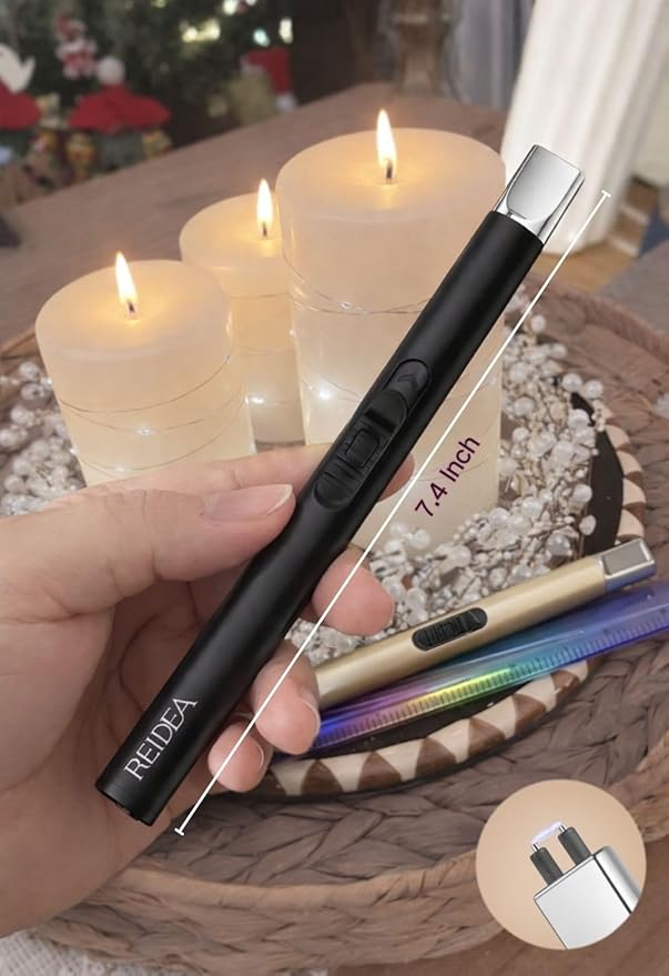 REIDEA 2 PCS Electronic Candle Lighter Arc Windproof Flameless USB Rechargeable Lighter with Safe Button for Home Kitchen (S4, Pitch Black)
