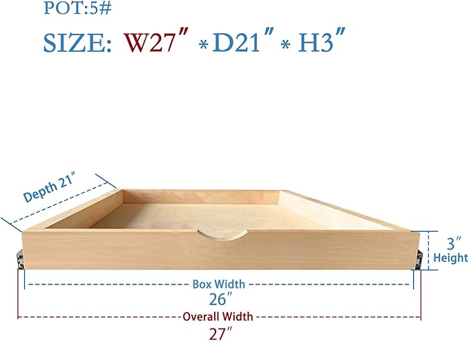 Kitchen Cabinet Organizer, Fully Assembled Drawer Wood Pull Out Tray Drawer Box Cabinet Slide Out Shelve, Wooden Pull-Out Shelf (W27''×D21''×H3'')