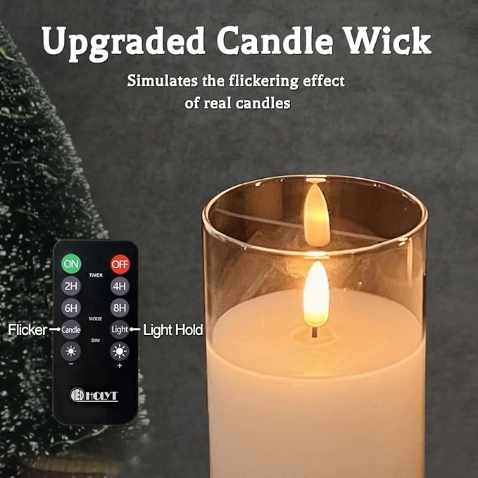 Rechargeable Flameless Candle, Flashing LED Pillar Real Wax Candle with Remote Control and Timer, Teardrop Wick, Clear Glass Electronic Candles, 1 Set of 5