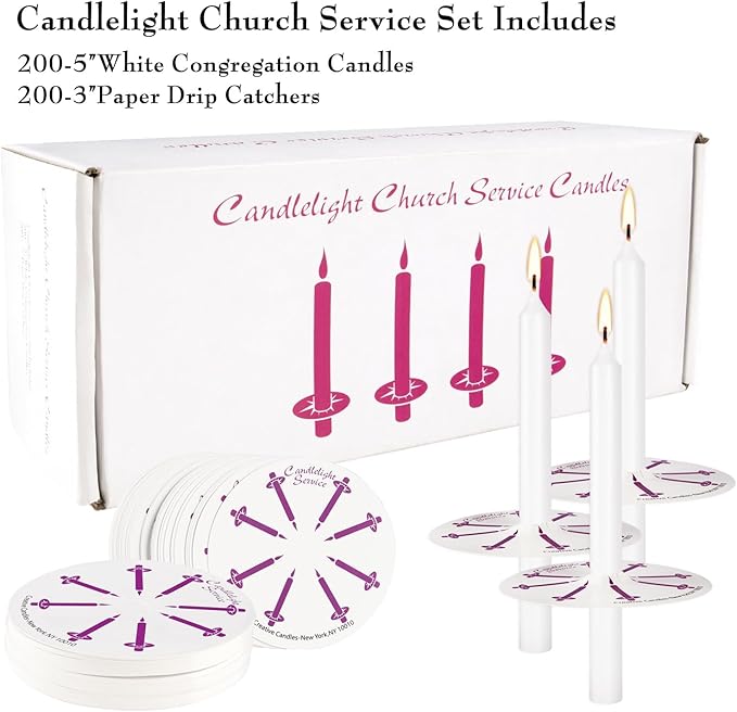 200 White Church Candles with Drip Protectors for Devotional Candlelight Vigil Service, Box of 200 Candles, Unscented White 5" H X 1/2" D, No Smoke